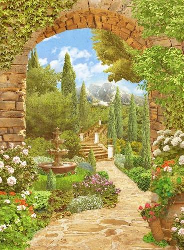 сад, парк, фонтан, природа, цветы, арка, арки 