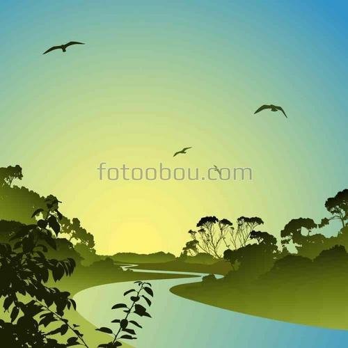 природа, картина, река, птицы, берег, деревья, закат