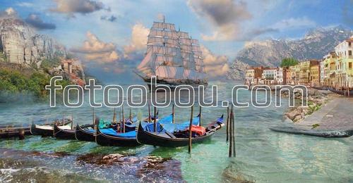 корабль, горы, лодки, старый город, набережная