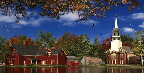 домики, природа, церковь, озеро