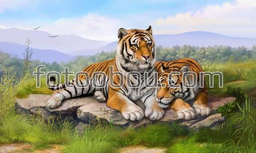 тигры, рисунок, горы, трава, природа