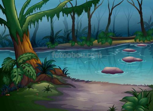 природа, картина, лес, деревья, река, камни, берег