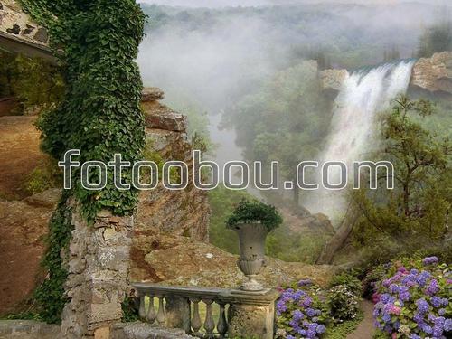 сад, горы, водопад, скалы, цветы