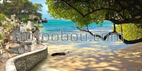 пляж, песок, море, ступени, дерево