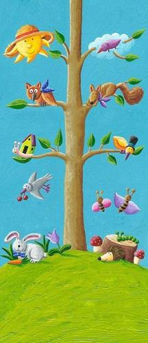 дерево, солнце, облако, бабочки, вишня, листочки, белка