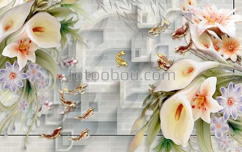 квадраты, цветы, 3Д, стерео,рыбки, ромашки