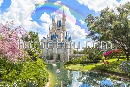 дисней, замок, радуга, река, парк