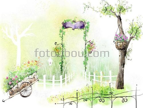 цветы, телега, арка, дерево