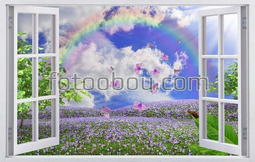 вид из окна, бабочки, поле, цветы, радуга