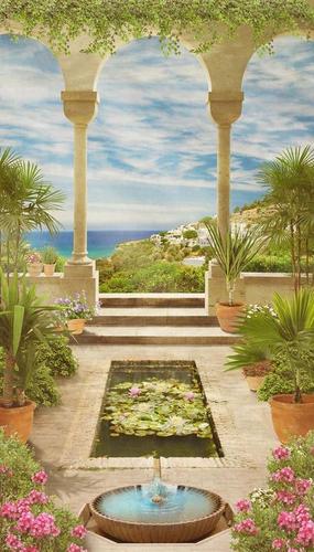 сад, озеро, фонтан, терраса, арки, колонны, море, природа, цвкты