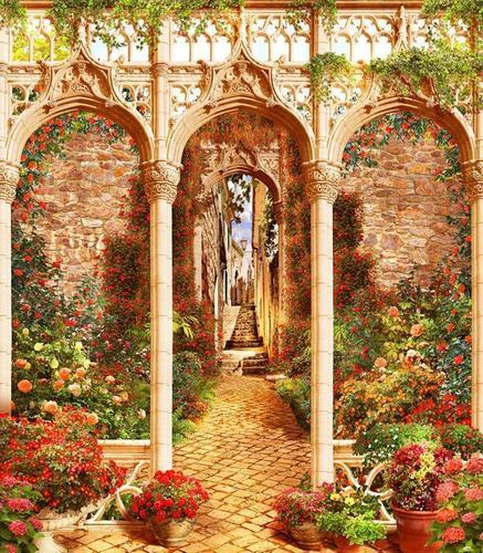 арки, терраса, колонны, сад, старый город, улица