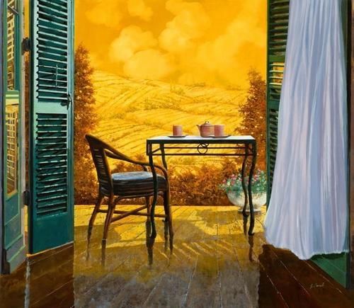 вид из окна, столик, поля, террасса