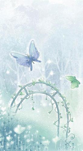 бабочки, цветы, арка, деревья, голубой, синий