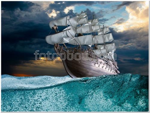корабль, волна, шторм, небо, облака, закат, 3Д