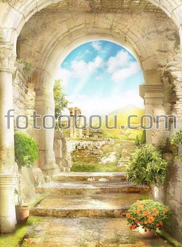 арки, лучи, небо, облака, ступени, цветы, холмы