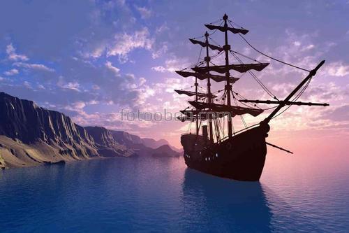 море, скалы, закат, природа, корабль, парусник