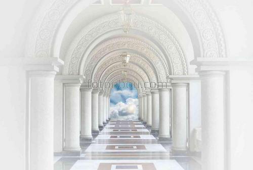 арки, дорога, колонны, античность, облака, небо, солнце