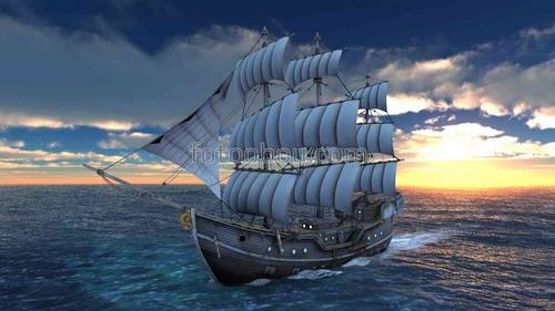 парусник, корабль, море, океан, природа, закат