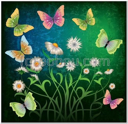 бабочки, ромашки, зеленые, композиция