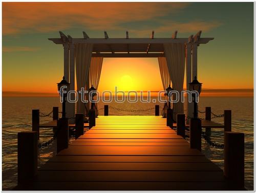 закат, причал, море, океан