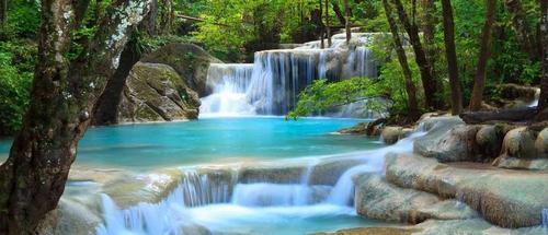 водопад, лестница, дерево, трава, зеленый, голубой