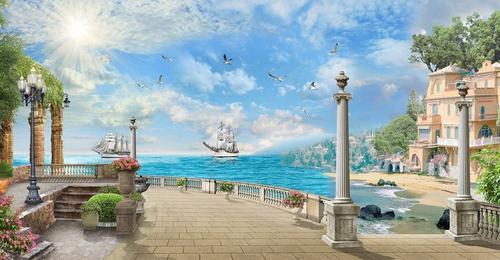 море, парусник, терраса, колонны