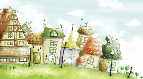 дома, фонари, трава, зеленый, красный, небо, облака, голубой, коричневый