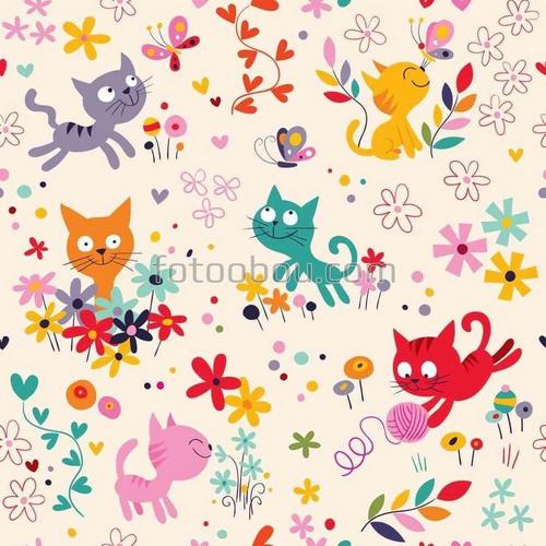 котята, клубок, бабочка, цветы