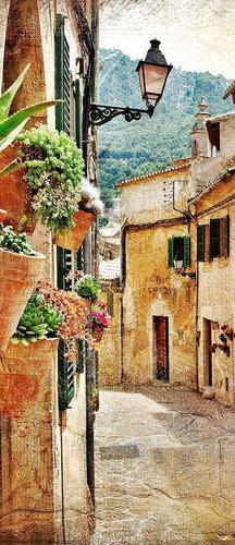 улица, фонарь, дома, горы, лес