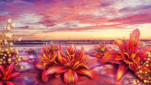 красный, цветы, небо, облака, лисья