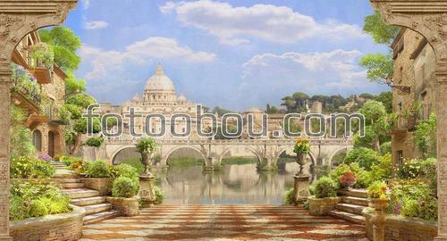 рим, мост, озеро, сад, цветы, природа