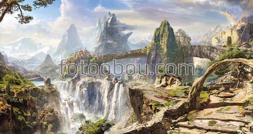 горы, водопад, фентези