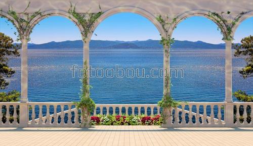 арка, вода, море, цветы, красота