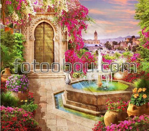 сад, фонтан, домик, город, цветы