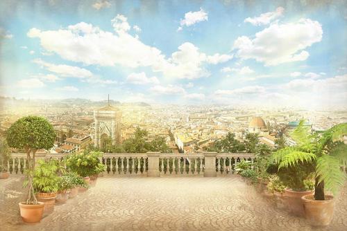 старый город, терраса, балкон, панорама, небо, облака