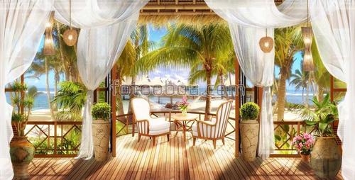 остров, веранда, пальмы, занавески, стол, стулья, вид, океан, небо, вода