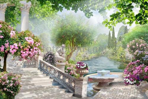 сад, парк, пруд, статуя, колонны, цветы, деревья, фонтан