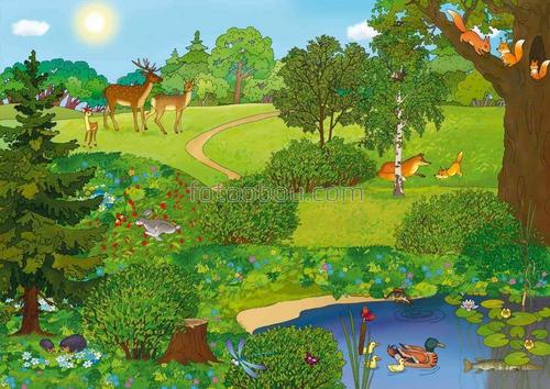 лес ,лисица ,олени ,елка , утки ,щуки ,заяц ,белки ,ежи ,деревья