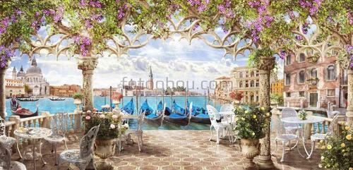 байдарки ,стол ,стул ,небо , кафе ,речка ,сиреневые цветы , розы ,вазы