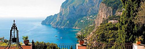 терраса, горы, море, деревья, небо