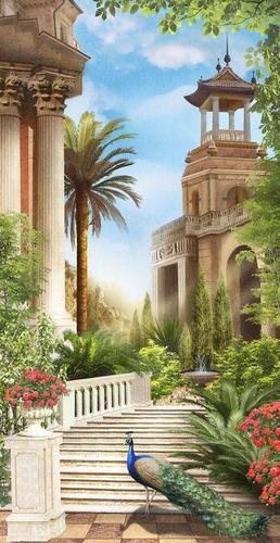 сад, парк, лестница, ступени, павлин, цветы, природа