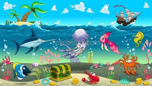 море, корабль, остров, пальма, осминог, рыбы, рак, краб, конь, морской, сокровища, сундук, монеты