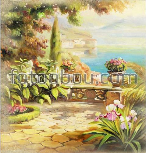 терраса, город, море, природа, цветы