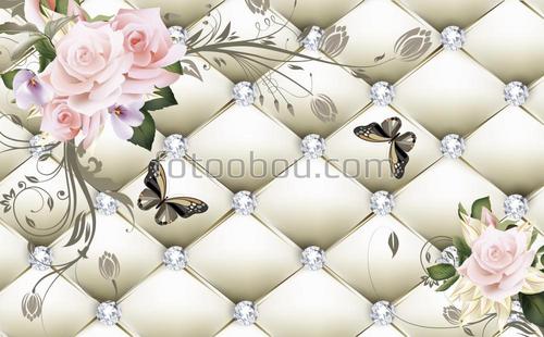 розы, бабочки, 3д, стена, цветы, листья, стразы, алмазы