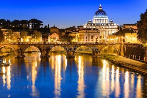 Рассвет, Рим, архитектука, огни, река, отражение