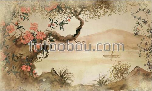 озеро, горы, цветы, живопись, лодка