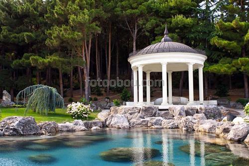 пейзаж, беседка, цветы, лучи, водопад, сад, речка, дорожка, калитка, парк, лес