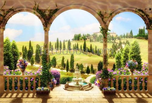 деревья, колонны, поляна, лето, цветы, фонтан