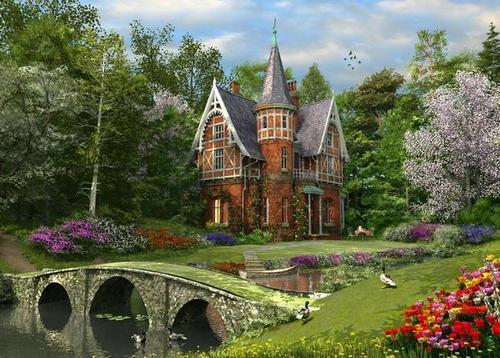 домик, мост, лес, река, цветы