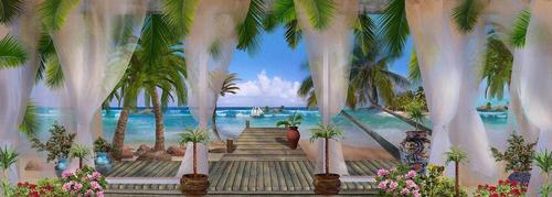 море, пляж, песок, берег, терраса, цветы